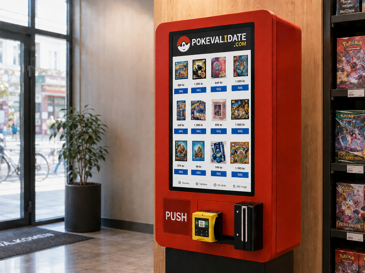 PokeValidate Pokémon-kortautomat i butiksmiljö